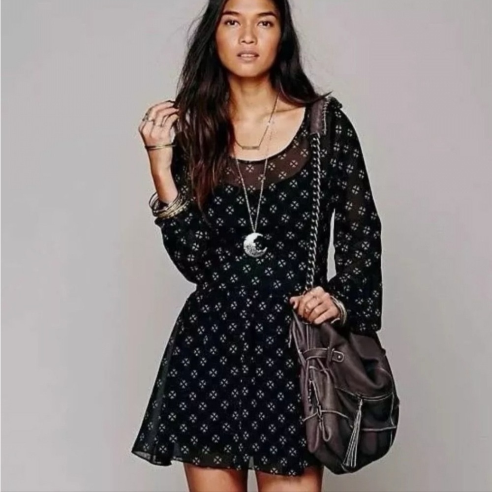 Free People Sheer Black Baby Dee Chiffon Long Sleeve Fit and Flare Dress Sz S